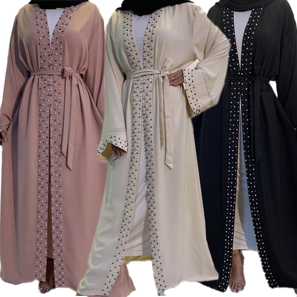 Lovely Open Abaya Women Beads Long Maxi Dress