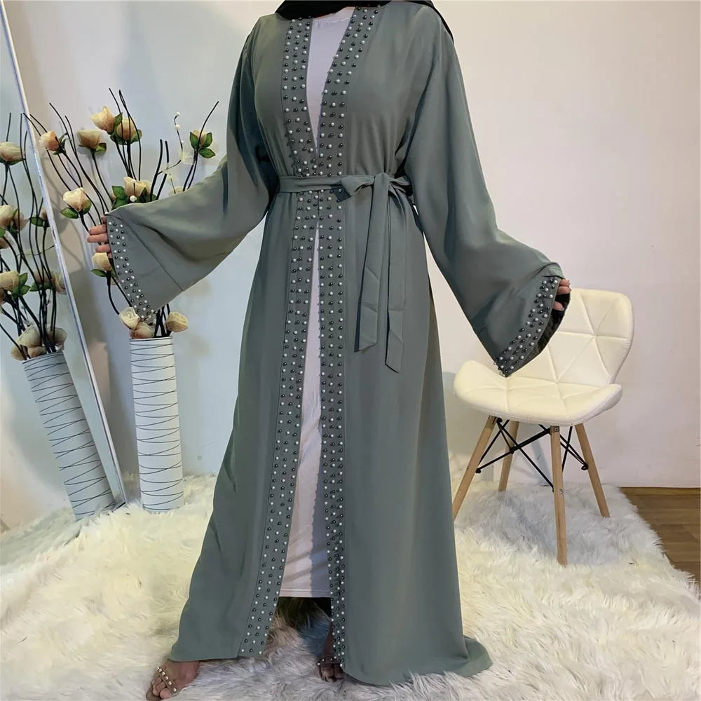 Lovely Open Abaya Women Beads Long Maxi Dress