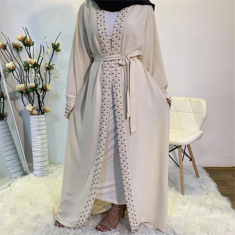 Lovely Open Abaya Women Beads Long Maxi Dress