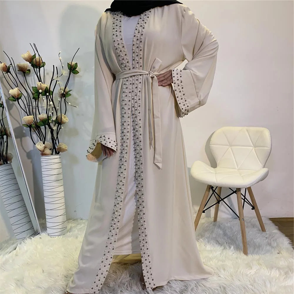 Lovely Open Abaya Women Beads Long Maxi Dress