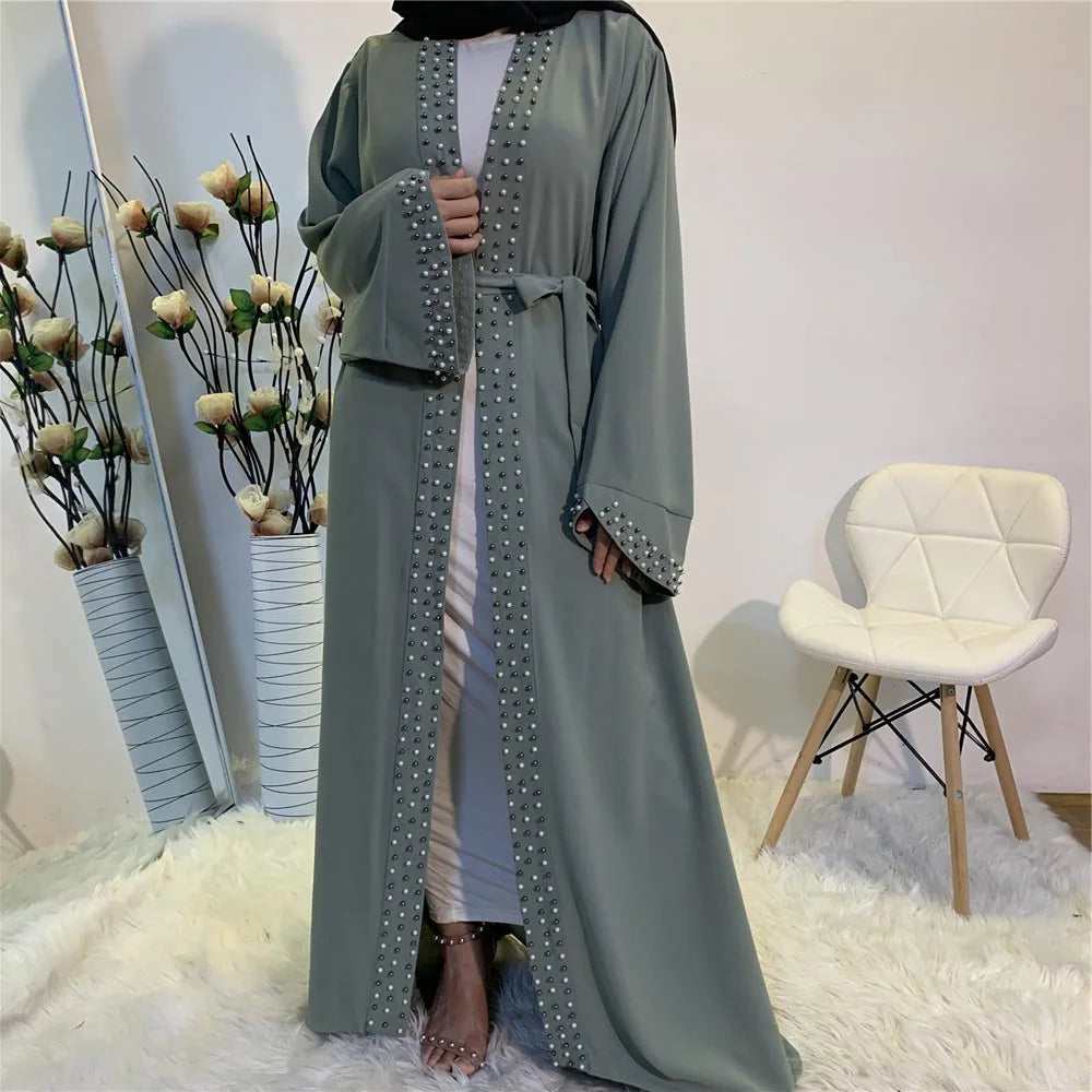 Lovely Open Abaya Women Beads Long Maxi Dress