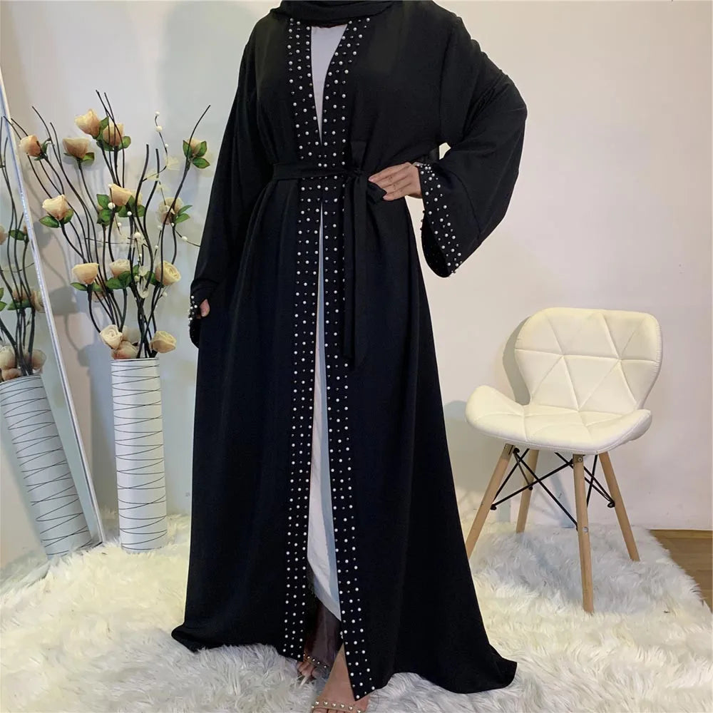 Lovely Open Abaya Women Beads Long Maxi Dress