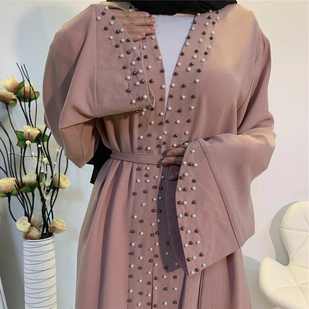 Lovely Open Abaya Women Beads Long Maxi Dress