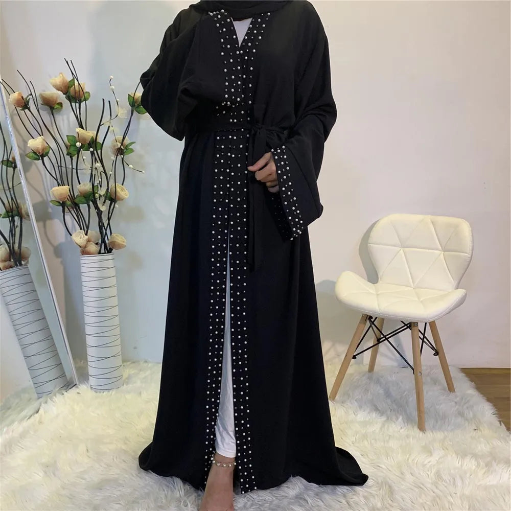 Lovely Open Abaya Women Beads Long Maxi Dress