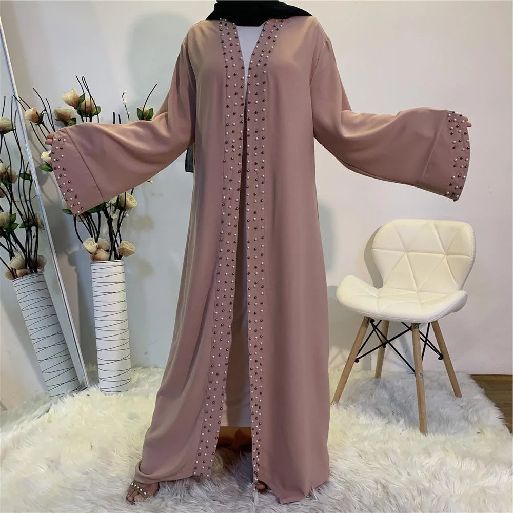 Lovely Open Abaya Women Beads Long Maxi Dress