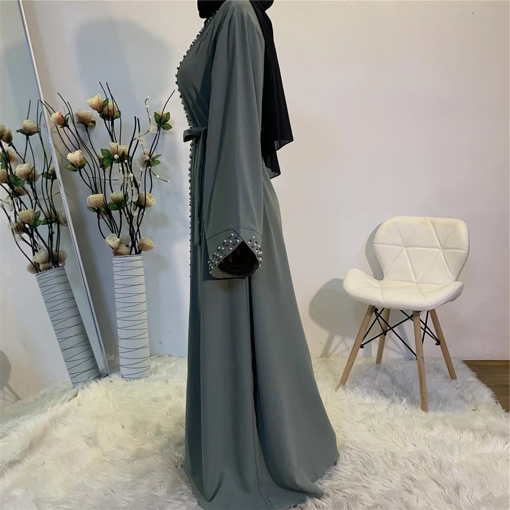 Lovely Open Abaya Women Beads Long Maxi Dress