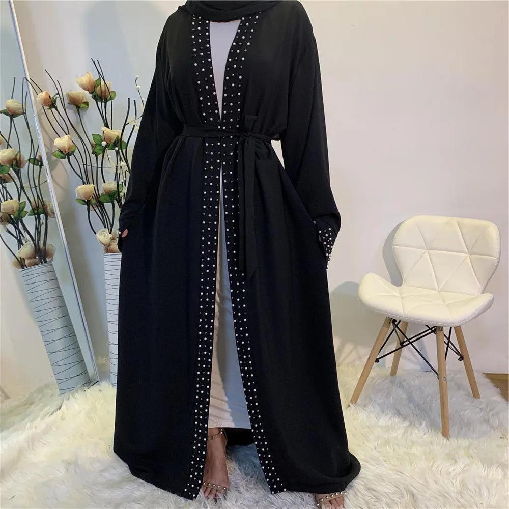 Lovely Open Abaya Women Beads Long Maxi Dress