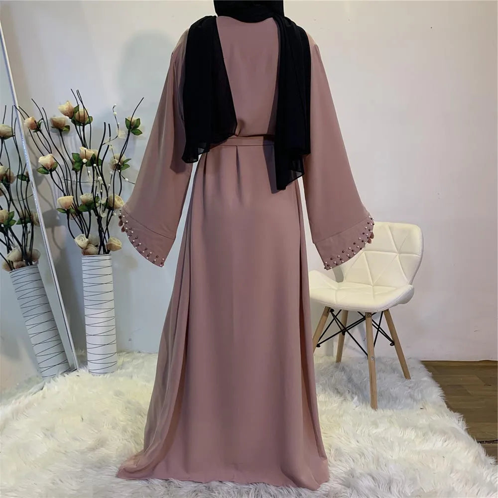 Lovely Open Abaya Women Beads Long Maxi Dress