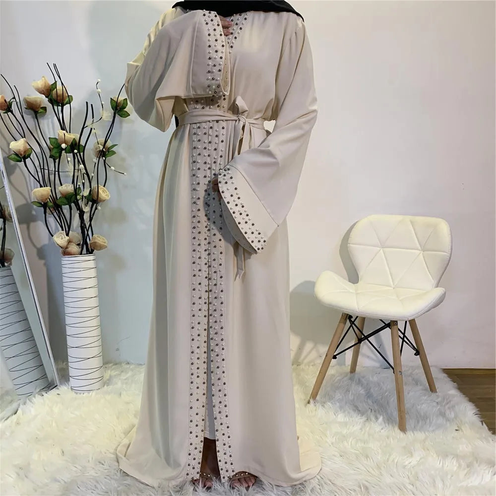 Lovely Open Abaya Women Beads Long Maxi Dress