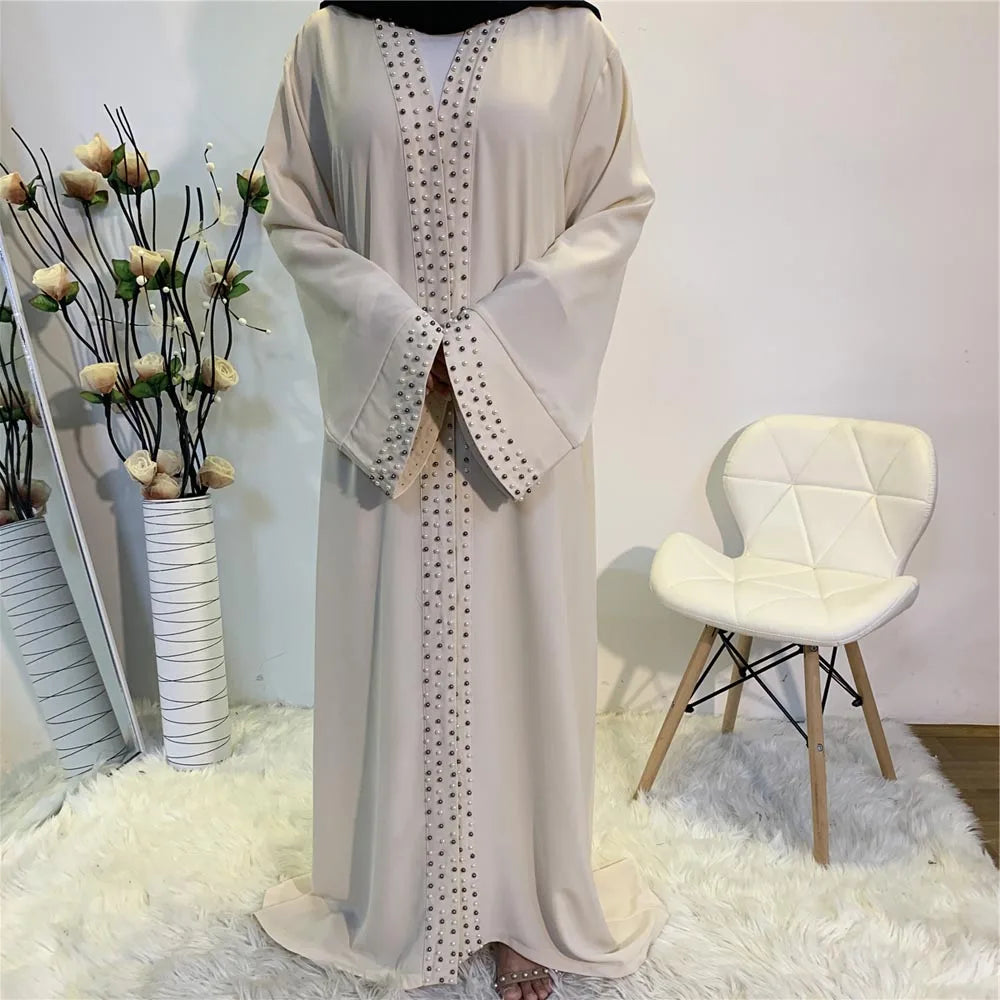 Lovely Open Abaya Women Beads Long Maxi Dress