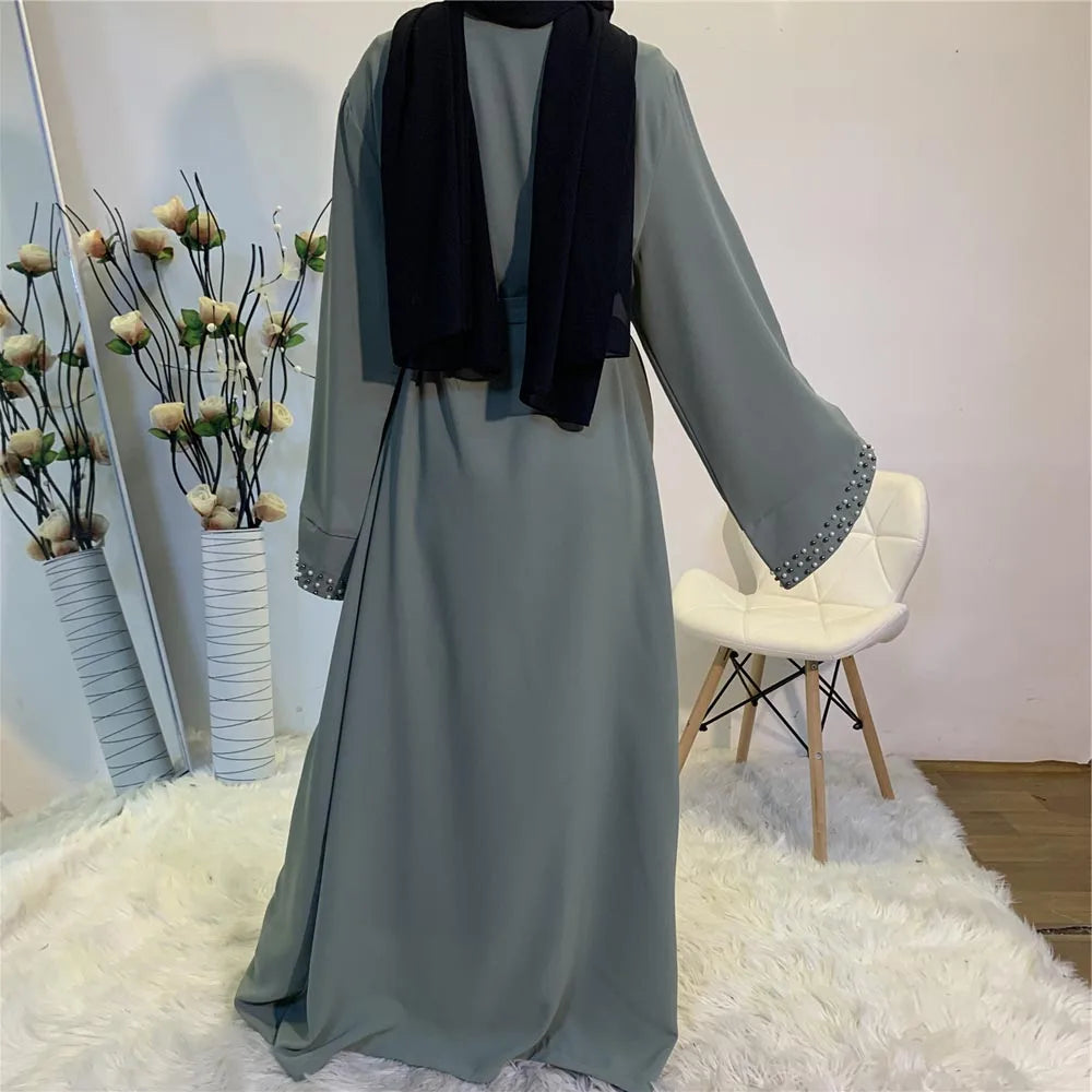 Lovely Open Abaya Women Beads Long Maxi Dress