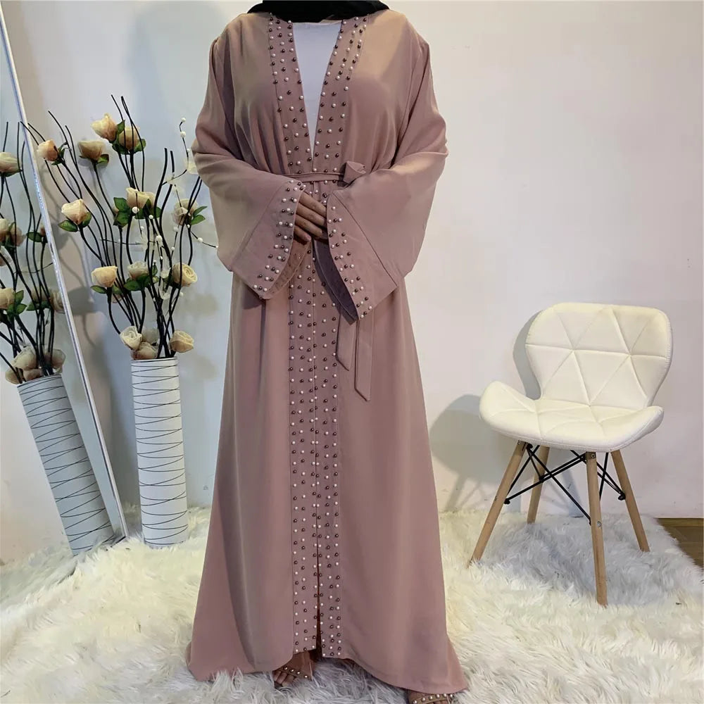 Lovely Open Abaya Women Beads Long Maxi Dress