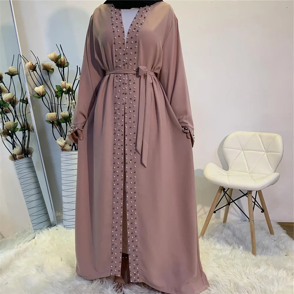 Lovely Open Abaya Women Beads Long Maxi Dress