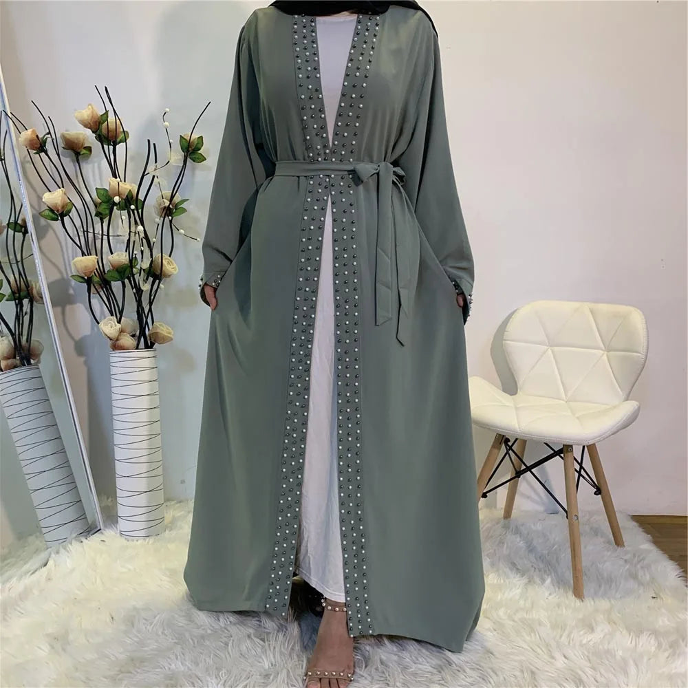 Lovely Open Abaya Women Beads Long Maxi Dress