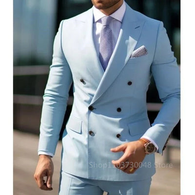 Solid 2 Pieces Men Suits Set Fashion New Men's Formal Business/Wedding Groom Suits Peak Lapel Double Breasted Blazer Trousers