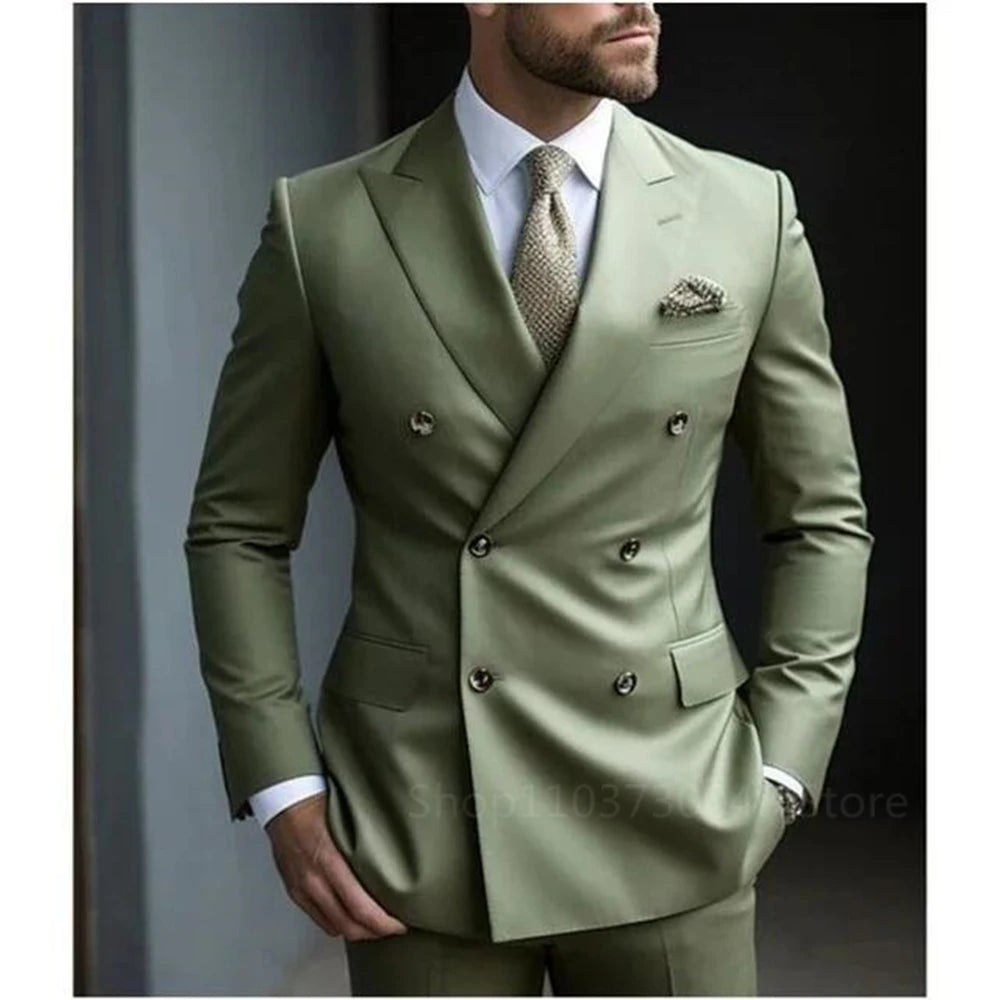 Solid 2 Pieces Men Suits Set Fashion New Men's Formal Business/Wedding Groom Suits Peak Lapel Double Breasted Blazer Trousers